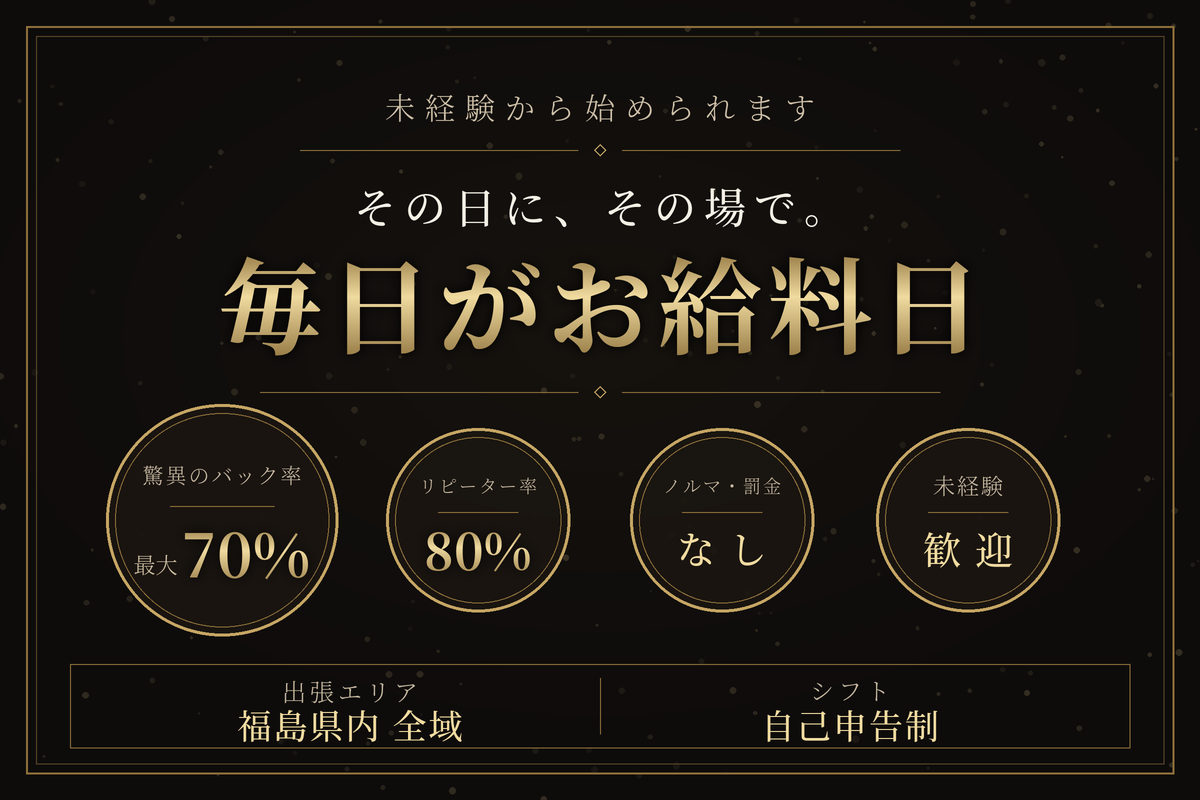 未経験から始められます。毎日がお給料日。驚異のバック率 最大70%、リピーター率 80%、ノルマ・罰金なし、未経験歓迎、出張エリアは福島県内全域、シフトは自己申告制